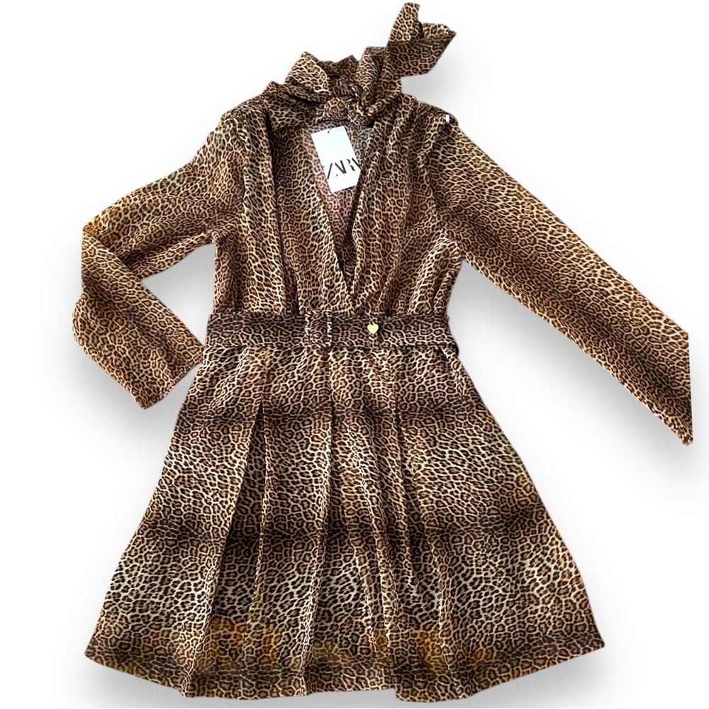 Zara Shear Cheetah Animal Print Front Tie Long Sleeve Mini V Neck Belted Dress - Picture 10 of 12